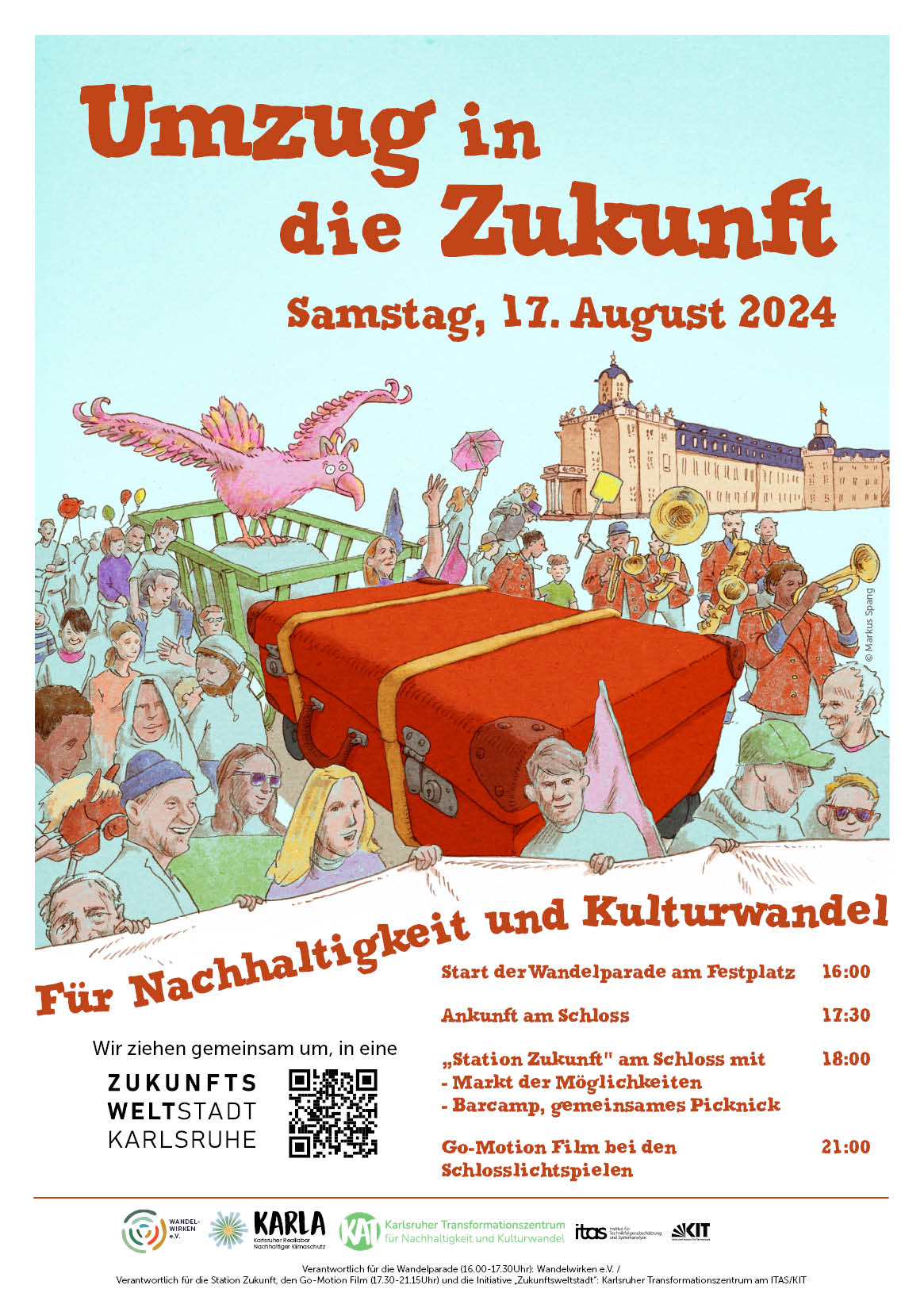 Poster mit Illustration und Logos zum Umzug in die Zukunft. 